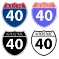 US Interstate 40 highway sign with route number and text. Interstate highway 40 road sign. 40 route symbol