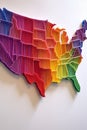 us map made of colorful string art on a white wall