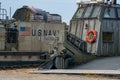 US Marine vehicle personel check the ramp cable of Landing Craft Air Cushion or LCAC