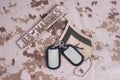 US MARINES branch tape with dog tags on desert camouflage uniform