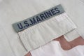 US MARINES branch tape with dog tags on desert camouflage uniform