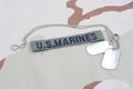 US MARINES branch tape with dog tags on desert camouflage uniform