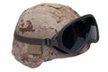 Us marines kevlar helmet with desert camouflage cover and protective goggles