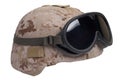 Us marines kevlar helmet with desert camouflage cover and protective goggles