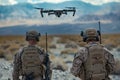 US Marines preparing defense position with surveillance drone in desert Royalty Free Stock Photo