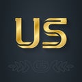 US - Metallic 3d icon or logotype template. U and S initial golden logo. Design element with lineart option. Gold. United States