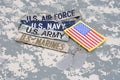 US MILITARY concept with branch tapes and dog tags on camouflage uniform Royalty Free Stock Photo