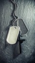 US military soldiers dog tags, rough and worn with blank space for text, and Christian cross necklace. Memorial Day or Veterans