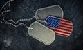 US military soldier`s dog tags, rough and worn with blank space for text, and in the shape of the American flag. Memorial Day for Royalty Free Stock Photo