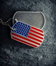 US military soldier\'s dog tags, rough and worn with blank space for text, and in the shape of the American flag. Royalty Free Stock Photo