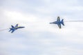 US Navy Blue Angels Hornet Fighter Jets Crossing Each Other`s Path During An Air Show