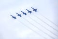 US Navy Blue Angels Hornet Fighter Jets Flying In Formation With Smoke Trails During An Air Show Performance Royalty Free Stock Photo