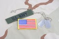 US NAVY branch tape with dog tags and flag patch on desert camouflage uniform Royalty Free Stock Photo