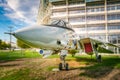 United States Navy F14 Tomcat fighter jet with blurred background Royalty Free Stock Photo