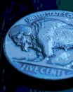 US nickel. Coin 5 cents close-up. Blue tinted pasteurization stories with American bison. Buffalo nickel. News about USA economy Royalty Free Stock Photo