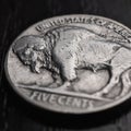 US nickel. Coin 5 cents closeup. Black and white square illustration with American bison. Buffalo nickel. News about USA economy Royalty Free Stock Photo