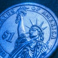 US one dollar coin close-up. Bright blue tinted square illustration about American economy, money, finance and debt market. Macro Royalty Free Stock Photo