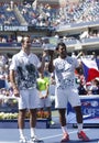US Open 2013 men doubles champions Radek Stepanek from Czech Republic and Leander Paes from India during trophy presentation