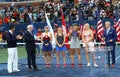 US Open 2017 women`s doubles champions Chan Yung-Jan L, Martina Hingis and finalists Lucie Hradecka and Katerina Siniakova