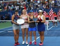 US Open 2017 women`s doubles finalists Lucie Hradecka L, Katerina Siniakova, and champions Martina Hingis and Chan Yung-Jan