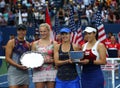 US Open 2017 women`s doubles finalists Lucie Hradecka L, Katerina Siniakova, and champions Martina Hingis and Chan Yung-Jan