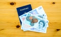US passport and British money on a table Royalty Free Stock Photo