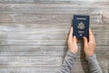 US passport on a wooden desk