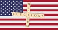 US Politics News Concept: Letter Tiles Midterm Elections On USA Flag