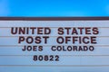 US Post Office in Joes Colorado, 80822 Zip Code, a small town off Highway 36, Eastern Colorado