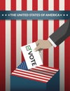 US Presidential election 2020 campaign poster. hand putting voting ballot paper card in the ballot box with american flag pattern Royalty Free Stock Photo