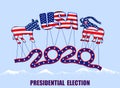US Presidential Election 2020. Elephant and Donkey inscription in flag color fly on balloons. illustration Royalty Free Stock Photo
