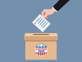 The US presidential election 2020. Hand putting voting blanc paper in vote box, ballot campaign. Vector isolated