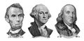 US presidents George Washington, Benjamin Franklin, Abraham Lincoln , portraits from US dollar bills isolated, United States money