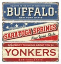 US. Retro Souvenirs Or Postcard Templates On Rust Background In New York State.