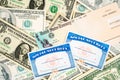 Us social security cards, stimulus check and dollar Royalty Free Stock Photo