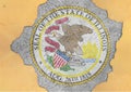 US state Illinois seal flag painted on concrete hole and cracked wall