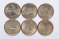 1999 US State Quarters a complete set of 5 used coins. Are located in the order of their released and joining the state Royalty Free Stock Photo