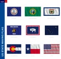 US states waving flag collection in official proportion, nine vector flag