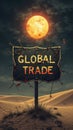Desert landscape with global trade sign under bright full moon Royalty Free Stock Photo