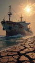 Rusty cargo ship at sea breakwaters under sunset sky with waves Royalty Free Stock Photo