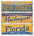 US. Vintage tin sign with US. T-shirt. New Jersey. Michigan. Florida. Retro souvenirs.