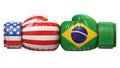 USA against Brazilian boxing glove, America vs. Brazil international conflict or rivalry 3d rendering