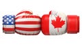 USA against Canadian boxing glove, America vs. Canada international conflict or rivalry 3d rendering