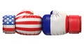 USA against French boxing glove, America vs. France international conflict or rivalry 3d rendering