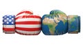 USA against the World boxing glove, America vs. World international conflict or rivalry 3d rendering