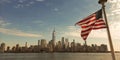 USA American flag. Memorial Day, Veteran's Day, July 4th. American Flag Waving near New York City, Manhattan view Royalty Free Stock Photo