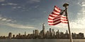 USA American flag. Memorial Day, Veteran's Day, July 4th. American Flag Waving near New York City, Manhattan view Royalty Free Stock Photo