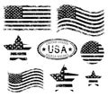 USA American grunge flag set, black isolated on white background, illustration.