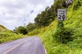 USA American style white Speed Limit 20 mph road sign with dirt rust rain stains overgrown in jungle. Pohnpei,Micronesia, Oceania.