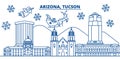 USA, Arizona, Tucson winter city skyline. Merry Christmas and Happy New Year decorated banner. Winter greeting card with Royalty Free Stock Photo